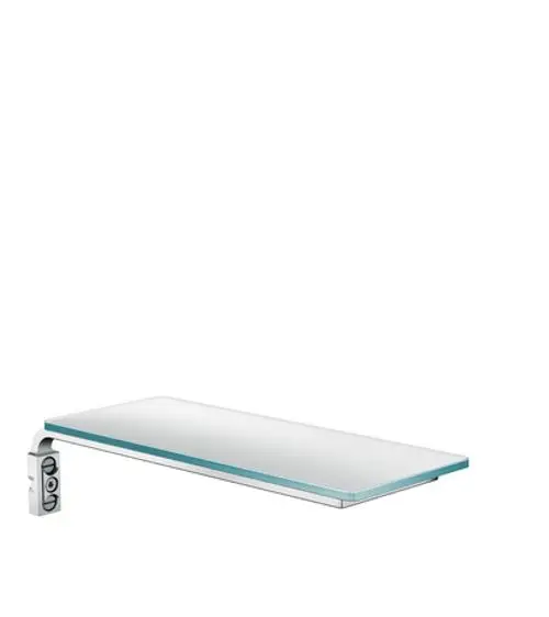 Ablage von Hansgrohe mit glatter, quadratischer Oberfläche und einer seitlichen Halterung. Die Vorderkante ist in einer klaren Kante ausgeführt.